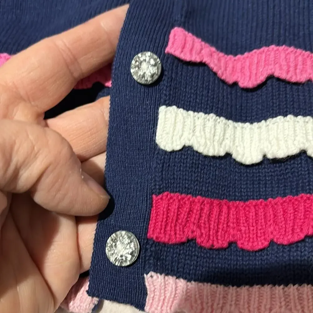 Gymboree 7 💯cotton cardigan blue pink cream crystal like buttons worn once euc